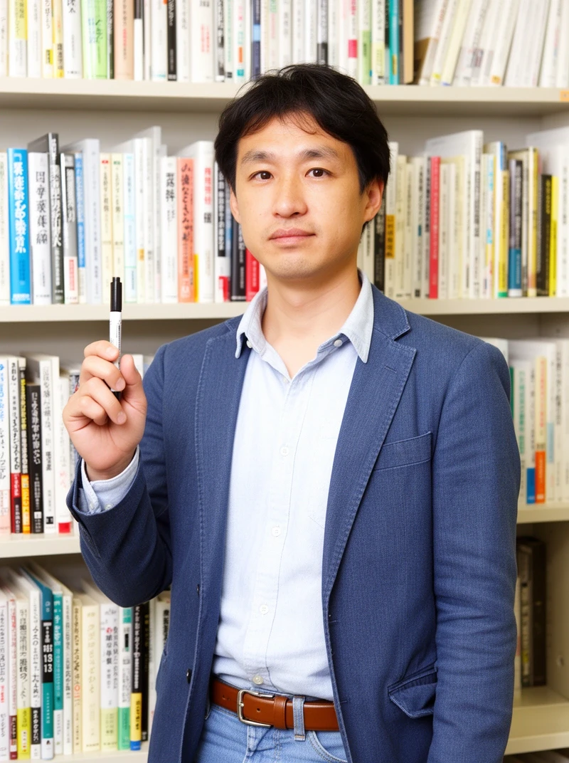 ヴォイスラボ代表講師。明るい教室でホワイトボードを使って授業をしている