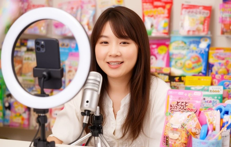 ライブ配信中の配信者。リング照明とマイクを前にカメラに向かって話している