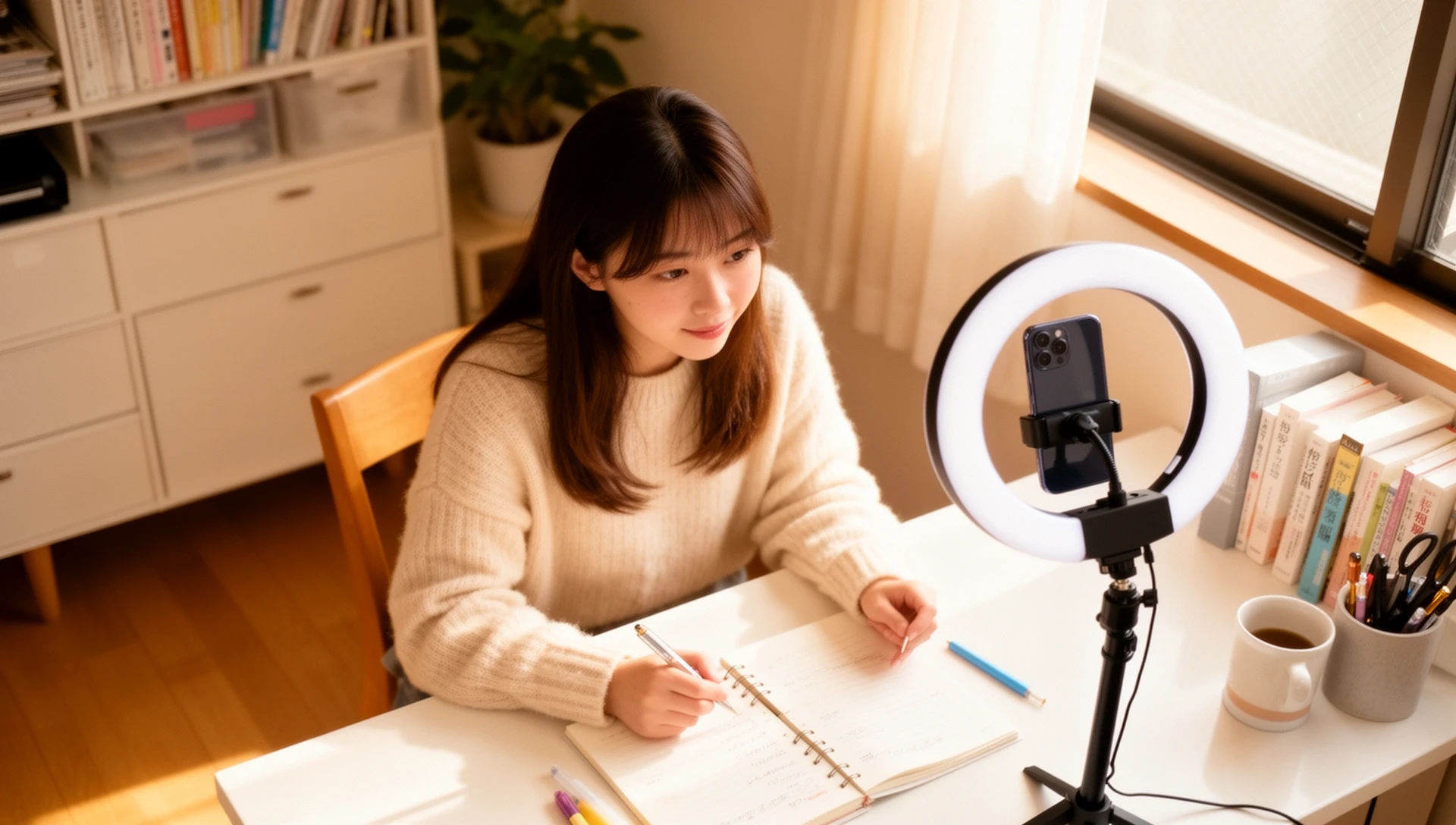 SNS修辞学を学ぶ受講生。ライブ配信の画面を前にメモを取っている様子